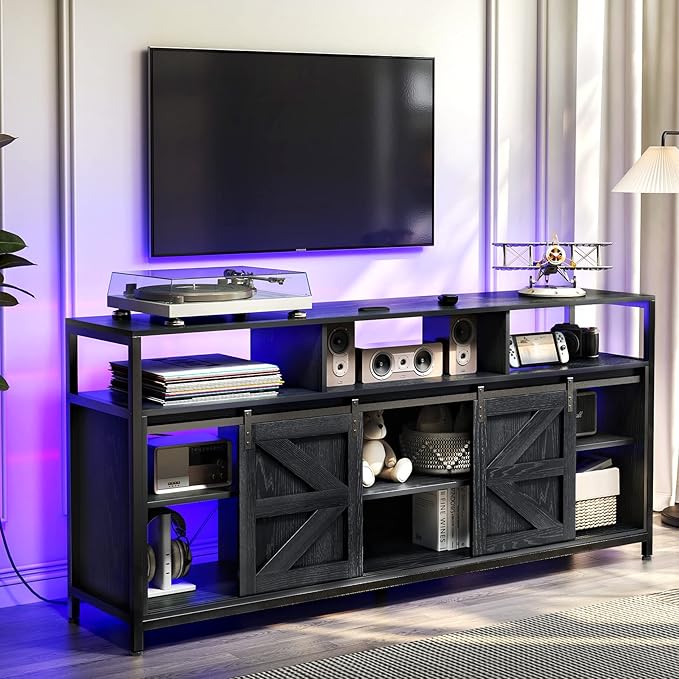 Mid Century Modern Black TV Stand with Sliding Barn Doors, Charging Station, LED Lights, and Storage Shelves for up to 70 inch TVs