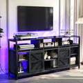 Mid Century Modern Black TV Stand with Sliding Barn Doors, Charging Station, LED Lights, and Storage Shelves for up to 70 inch TVs