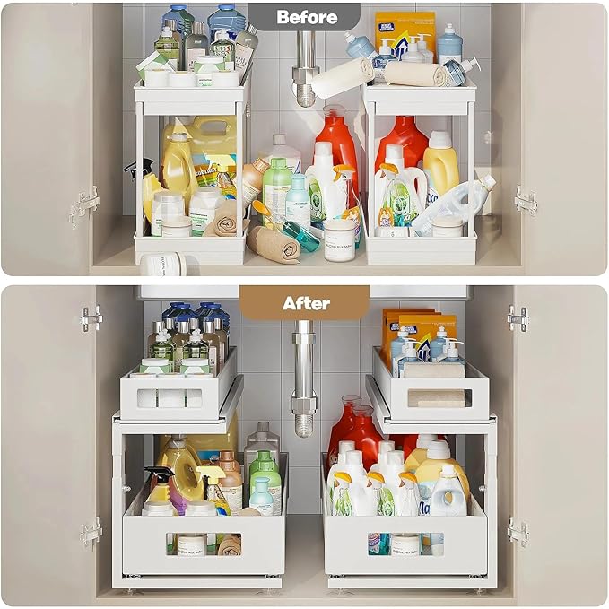 2 Pack 21.3IN-Depth Under Sink Organizer With Next-Gen Ball-Bearing Slides,2-Tier Pull Out Cabinet Storage,Height Adjustable Drawer Shelf for Bathroom,Kitchen,Laundry,Cabinet,Pantry-White