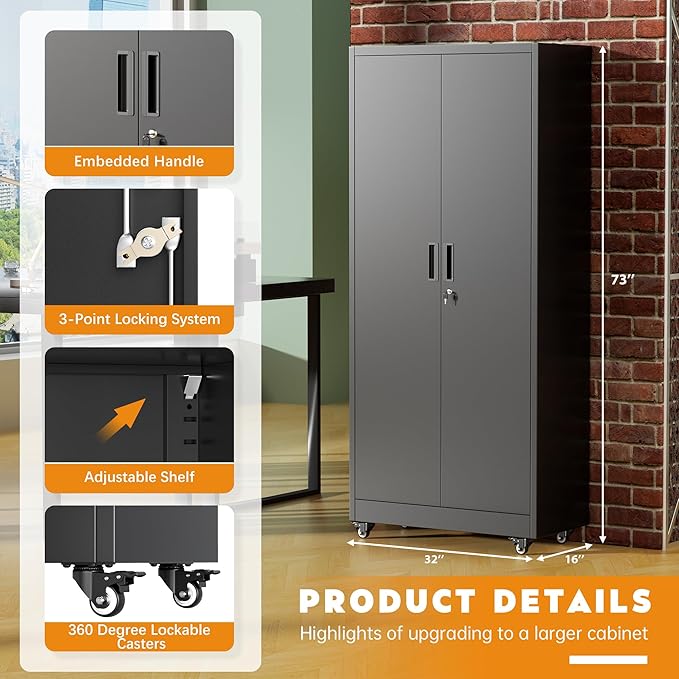 Greenvelly 73" Metal Storage Cabinet with Wheels, Lockable Rolling Metal Garage Cabinets with 2 Doors and 4 Adjustable Shelves, Rolling Tool Cabinet for Garage, Home Office, School