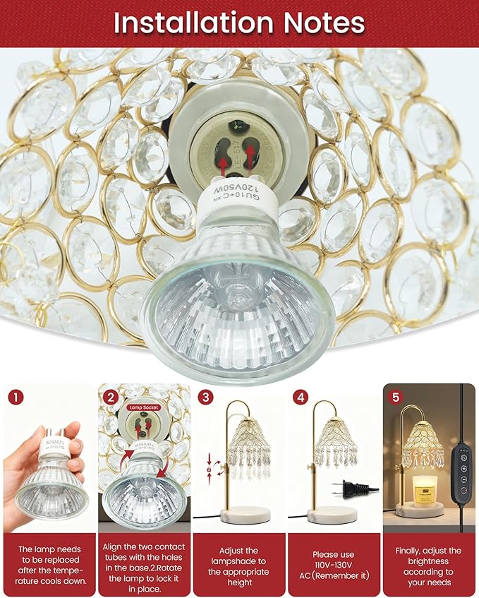 Crystal Candle Warmer Lamp with Timer and Dimmer - 2-in-1 Electric Wax Melt Burner & Dimmable Table Lamp, Adjustable Height Stand, White Marble Base, Birthday Gifts for Women, Elegant Home Decor