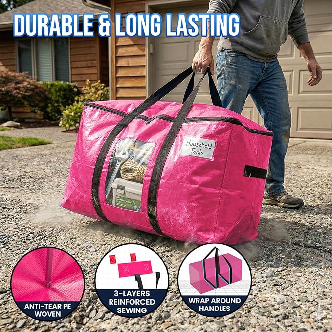 TAILI 8 Pack Pink Extra Large Moving Bags, Heavy Duty Totes with Visible Window, Wrap Around Handles, Space-Saving Storage, Alternative to Moving Boxes