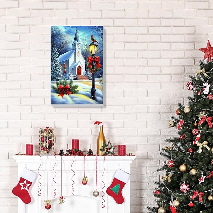 Bowetile Winter Paint by Numbers for Adults Framed Christmas, Church Adults' Paint-by-Number Kits, Adult Paint by Number Kits on Canvas, Acrylic Number Painting for Home Decor, 8x12in