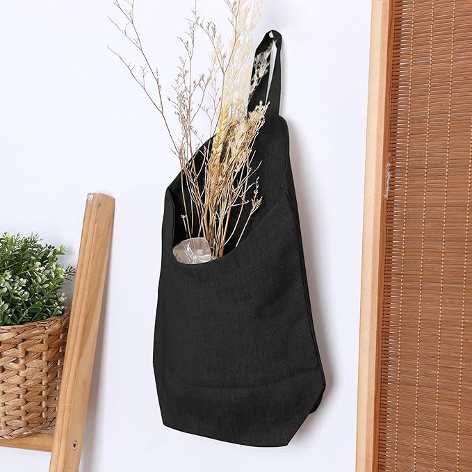 100% Linen Hanging Storage Bags Baskets 2 Pcs, Small Wall Storage Bag for Kitchen, Bedroom, RV Camper Organizer, Sewing Room, Nursery Storage, Kids Room (Black)