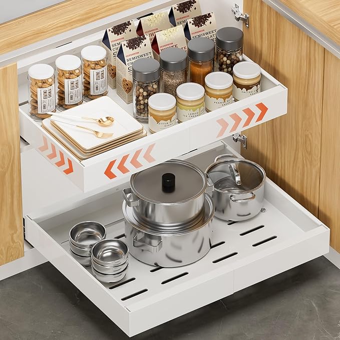 1 Pack Expandable Pull Out Cabinet Organizer 21"Deep, Adjustable Width 12.2"-20.4" Slide Out Drawers & Roll Out Shelves for Kitchen Cabinets, Easy Install with Double-Sided Adhesive, White