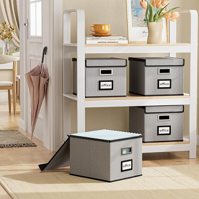 Huolewa Portable File Organizer Boxes Set of 4, Large Linen Hanging Office Document Storage Boxes with Lids, Collapsible Filing & Storage Boxes for Office/Decor/Home - 14.9 x 12.7 x 10.8 inch