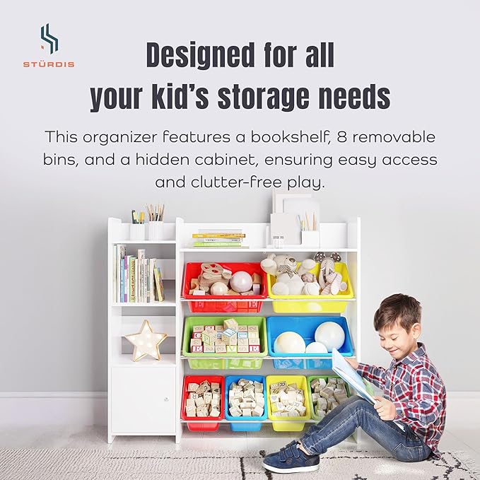 Toy Storage Organizer with Bookshelf, Kids Playroom Organization Shelving Unit with Removable Colorful Storage Bins & Anti-Tip Bracket, Multi-Color