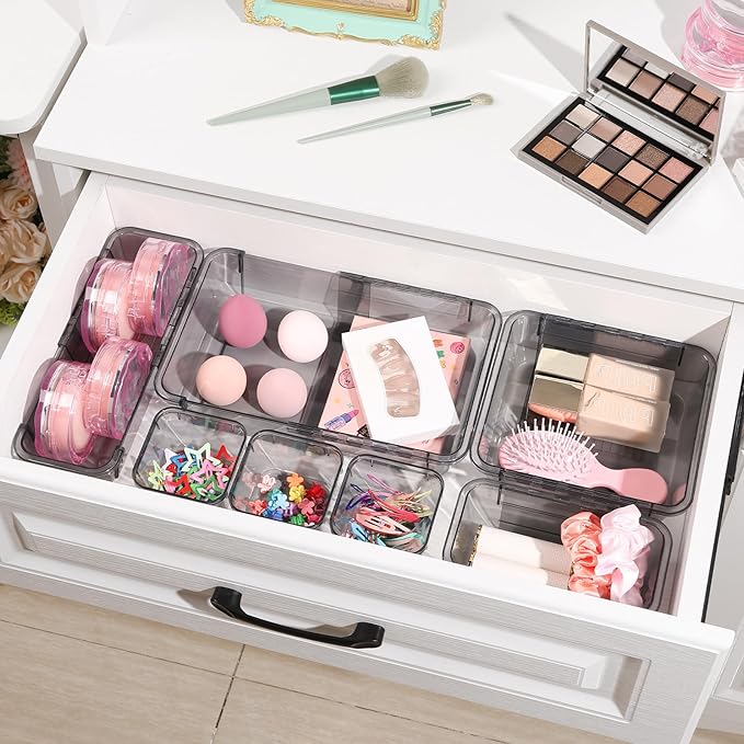 20 PCS Black Expandable Drawer Organizer, 3 Sizes Drawer Organizers and Storage, Vanity Dividers, Acrylic Storage Bins for Makeup, Jewelry Gadgets for Kitchen, Bedroom, Bathroom, Office