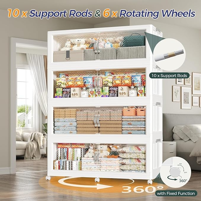 300GAL Plastic Storage Bins with Lid, 1200QT Extra Large Stackable Closet Organizers and Storage, Collapsible Storage Boxes with Wheels, Folding Cabinet for Home Kitchen Office, 5Pack White