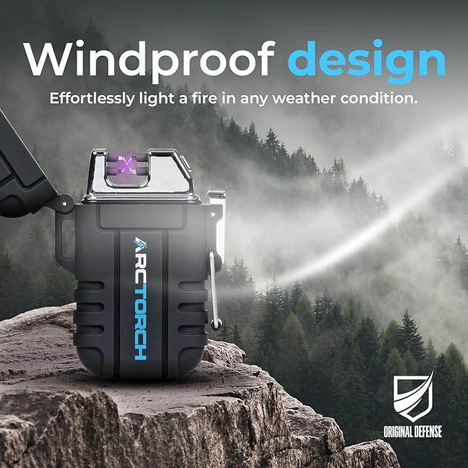 Original Defense ArcTorch Electric Lighter - Windproof, Waterproof, Flameless, Rechargeable Plasma Lighter with USB Charging for Hiking, Camping, Outdoor, Survival, Tactical, EDC Gear (Black)