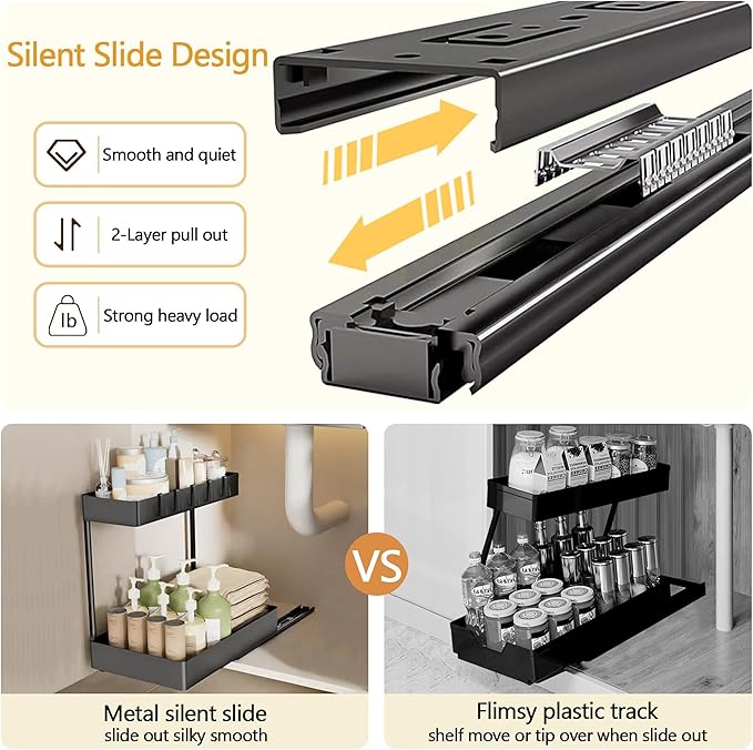 Creahaus 2 Pack Under Sink Organizer with Metal Slides, 2-Tier Kitchen Bathroom Organizers and Storage, Pull Out Cabinet Organizer for Bathroom Sink, Kitchen Sink Organizer