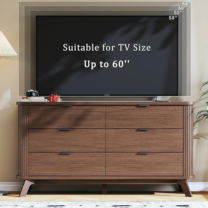 HUAHUU Fluted 6 Drawers Dresser for Bedroom, 55" Mid Century Modern Dresser & Chests of Drawers, Curved Profile Design, Dresser TV Stand, for Entryway, Hallway, Walnut