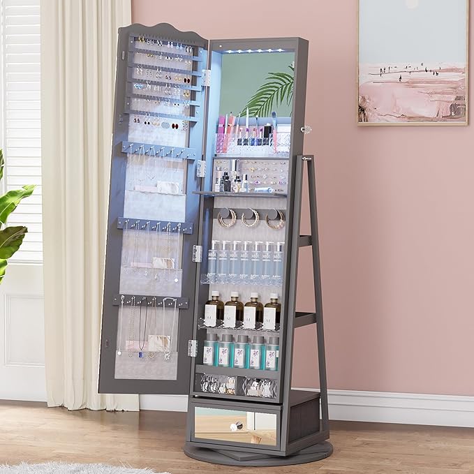 Lvifur 360° Rotating LED Jewelry Armoire w/Full Length Mirror, Large Capacity Jewelry Organizer Armoire w/Lights, Lockable Floor Standing Mirror Cabinet with Storage Shelves for Bedroom, Cloakroom