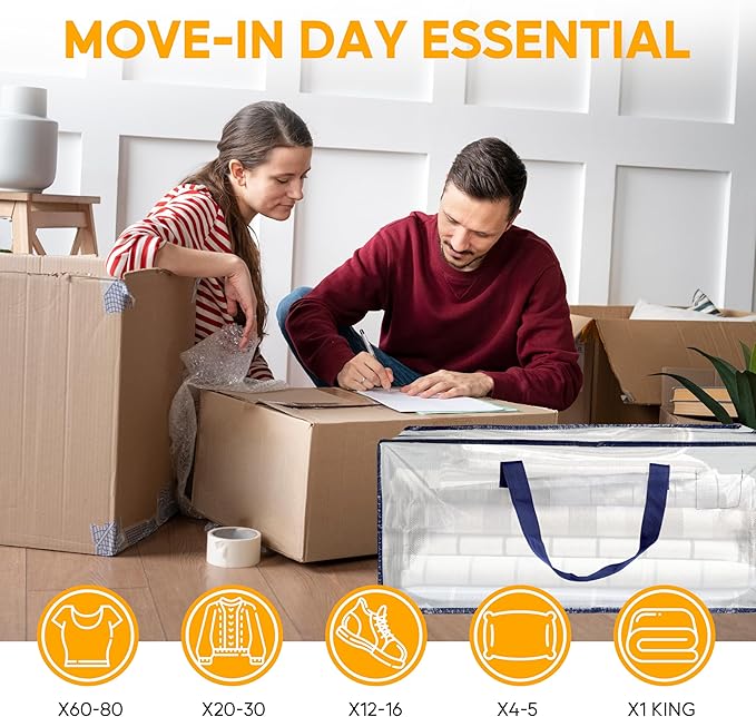 HealSmart 10 Pack Extra Large Moving Bags with Zippers & Carrying Handles, Heavy-Duty Storage Tote Moving Boxes for Dorm Room Essentials Storage Bags, Clear