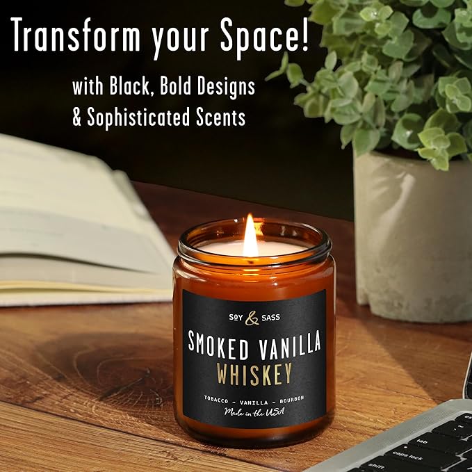 Smoked Vanilla Whiskey Candle - Scented Black Candles for Men or Women - Bourbon, Tobacco & Caramel Soy Wax Mens Candle - Infused w/Essential Oils | Long 50Hr Burn,9oz I Non Toxic I Made in USA