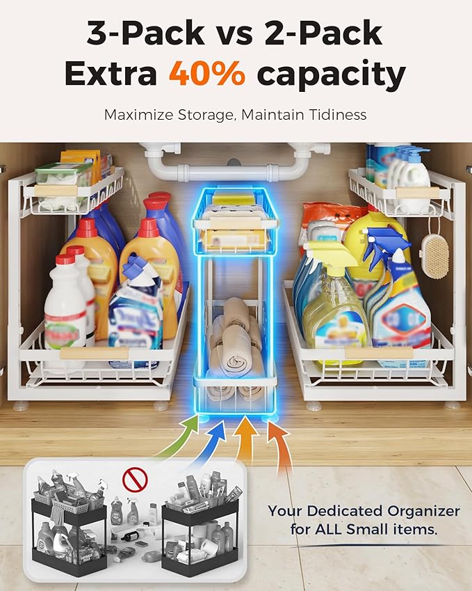 3 Pack Under Sink Organizer, Multi-Purpose 2 Tier Pull-Out Metal Under Kitchen Sink Organizer, Height Adjustable Storage Shelves for Kitchen Bathroom Cabinet (White)