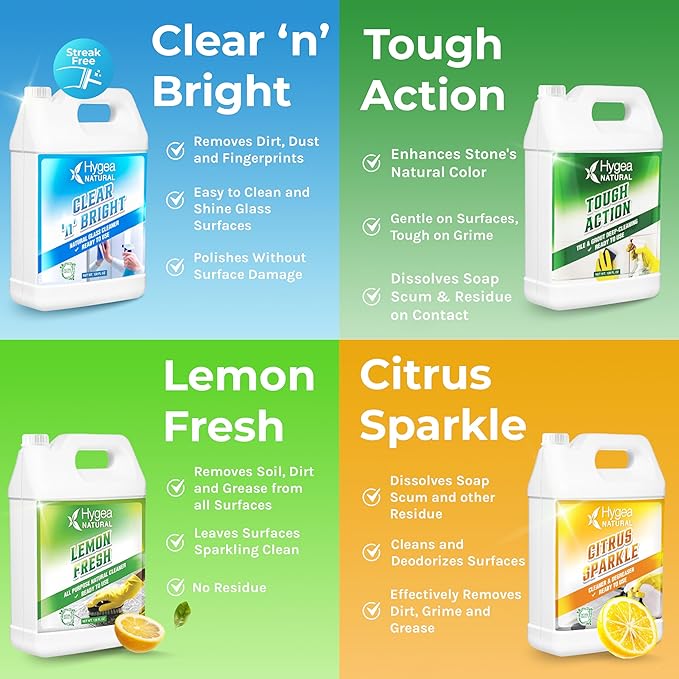 Hygea Natural Cleaning Starter Kit - 1 Gallon - Eco-Friendly Household Cleaners - Degreaser, All Purpose Cleaner, Glass Cleaner, & Tile and Grout Cleaner - Kids & Pet-Friendly (4 Pack)