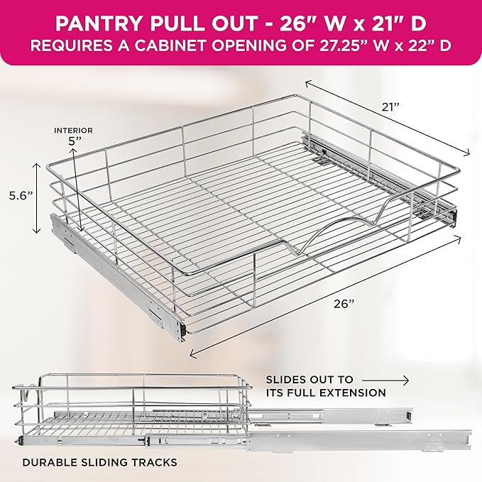 HOLDN’ STORAGE Pull Out Cabinet Organizer, Slide Out Drawer for Kitchen Cabinets & Pantry, Roll Out Shelf for Pots, Pans & Under Sink Storage, Heavy-Duty Full-Extension, 26" W x 21" D x 5" H