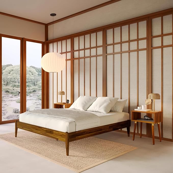 Bme Dinkee Wooden Queen Bed Frame, 15 Inch Height, Elegant Minimalist Modern Design with Japanese Joinery, Durable Wood Slats for Reliable Support, No Box Spring Required, Caramel