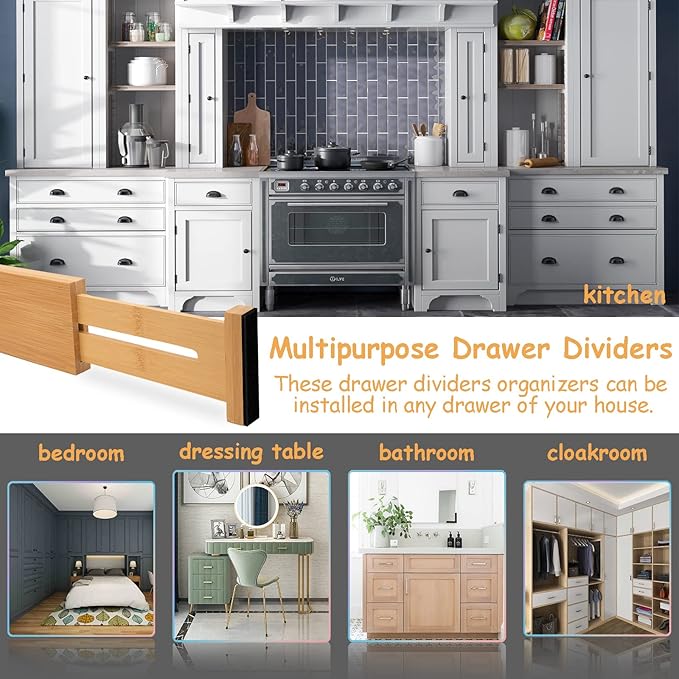 Bamboo Drawer Dividers,Kitchen Drawer Dividers Adjustable,Expandable Drawer Dividers Organizer for Kitchen large Utensils, Dressers Bathroom,Clothes,Office,Drawer Organization Separators(17.7-22 in)