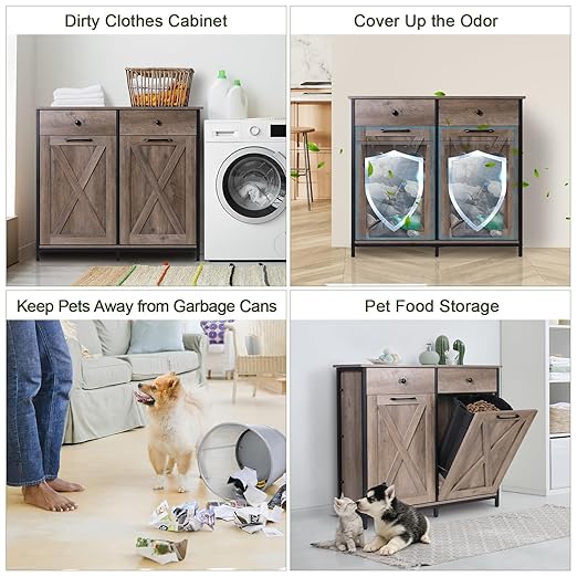 Clevich Double Tilt Out Trash Cabinet 20 Gal, Kitchen Wooden Recycling Cabinet, Hidden Garbage Can Holder w/Drawers & Tabletop, Dog-Proof Trash Bin Cupboard, Rubbish Bins NOT Included(Gray)