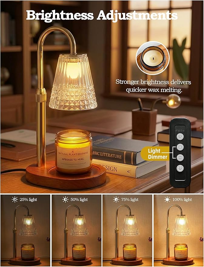 Candle Warmer Lamp with Timer and Dimmer, Adjustable Height Jar Candle Wax Warmer, Flameless Halogen Heat, 2 Replacement Bulbs, Gifts for Women Mom, Living Room Bedroom Decor Gold