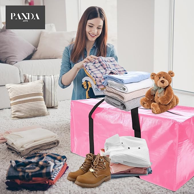 PANDA JOYS 8 Pack Extra Large Moving Bags with Zippers & Carrying Handles, Heavy-Duty Storage Tote for Space Saving Moving Storage, Fold Flat, Alternative to Box and Bin,Pink