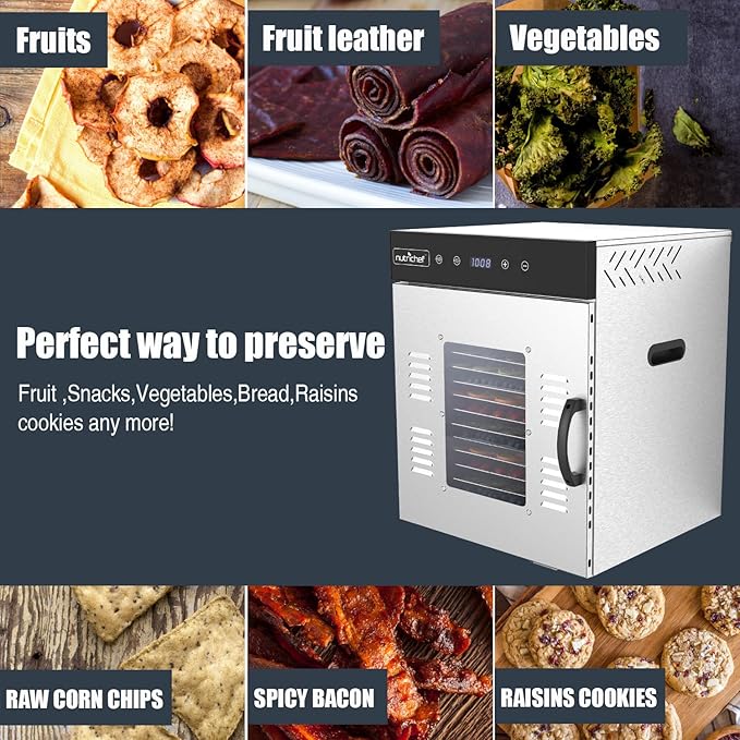 NutriChef Commercial Electric Food Dehydrator Machine - 14 Shelf Extra Large Capacity - Stainless Steel Trays - 1000-Watts, Digital Timer & Temperature Control - 18.58 x 17.52 x 22.52 IN