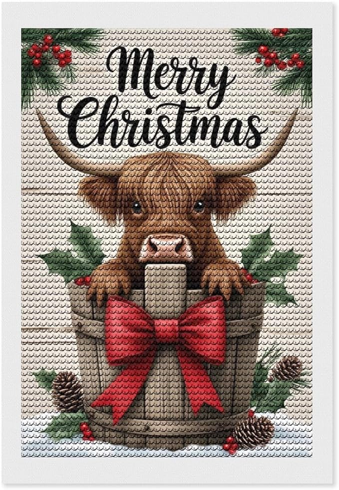 AIVKIEJK Diamond Painting Kits for Adults - Highland Cow Merry Christmas Painting DIY 5D Full Drill Diamond Dots Paintings with Diamonds Gem Art and Crafts Home Decor 8"x12"