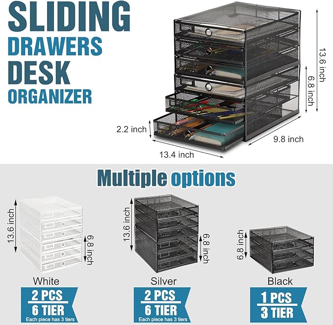 Zhanmai 1 Pack Black Desk Organizer with Drawer Total Wire Mesh Storage Tray Multifunctional Paper Sorter File Stand for Home Office Supplies Letter A4 Paper Office Accessories Back to School (3 Tier)