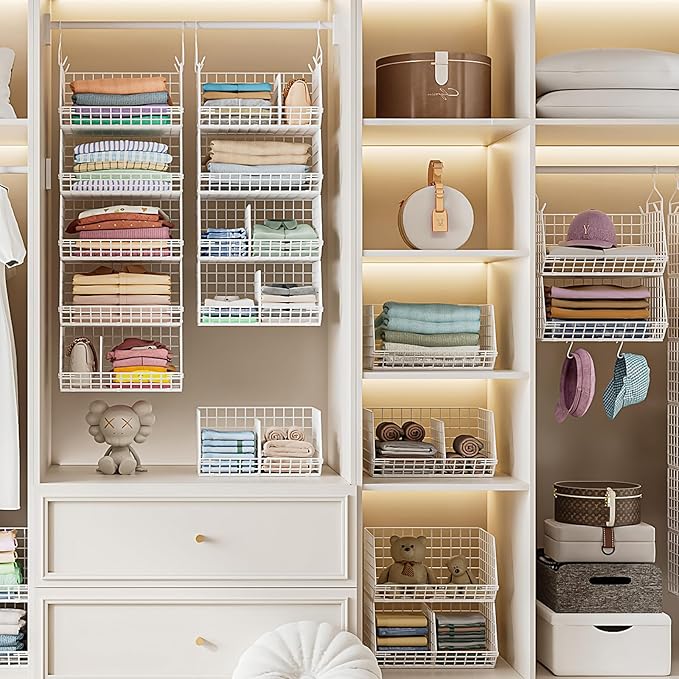 Jautokerdar 6 Tier Extra Large Hanging Closet Organizer, Closet Storage Hanging with Dividers, Wire Closet Shelf with 5 S Hooks 4 Dividers,Sweater Handbag Hat Accessory Storage Hanger,White
