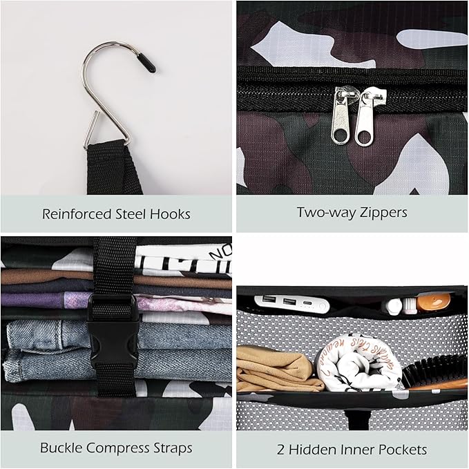 Surblue Hanging Closet Storage Bag Collapsible 3-Shelf Washable Oxford Fabric with 2 Hooks (L 11.41 * 11.41 * 19.68in, Camouflage)