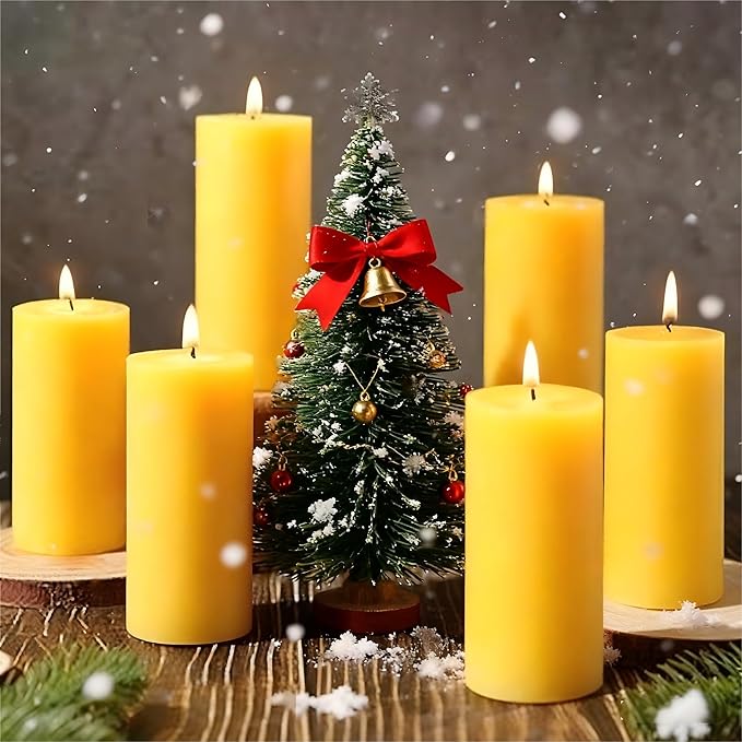 6-Pack Beeswax Pillar Candles, Seasonal Celebration Candles, 2x4in 100% Pure Organic, Total 120H Long Burning, Unscented Dripless Smokeless for Home, Prayer, Parties