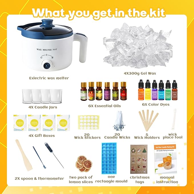 Gel Wax for Candle Making Clear Kit for Adults, DIY Transparent Jelly Wax Set with Electric Melter, Glass Jars, Wick, Dyes and Scents