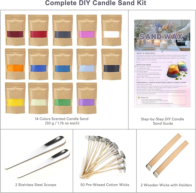 Monivi Scented Candle Sand with Wicks DIY 14 Colors Sand Wax Pearled Candle Wax Beads (1.76oz Each Color, 1.5lb/24.7oz Total up to 120Hours) Refillable Candle Making Kit Mothers Day Gift