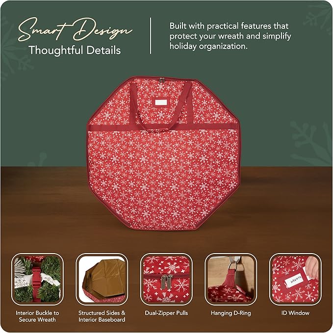 Covermates Keepsakes Deluxe Wreath Storage Bag – Heavy-Duty Polyester with Buckle Strap & Structured Interior – Protective Holiday Organizer with Handles, D-Ring & Label Window, Red Snowflake