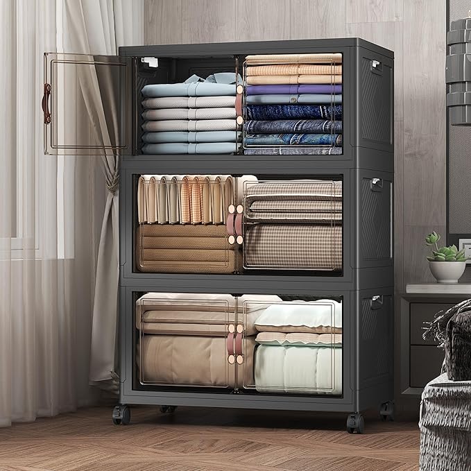 Extra Large Stackable Storage Bins with Lids & Wheels, Foldable Collapsible Closet Organizers Dark Storage Cabinet with Doors for Bedroom Dorm