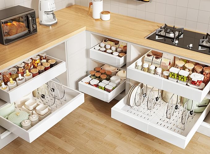 Seinloes 6 Pack Pull out Cabinet Organizer 21"Deep with Raising Pad for Framed Cabinets, Expandable Slide out Drawers for Kitchen Cabinets with 6pcs Divider Racks, Roll out Shelves 12.1"-20.4" W White