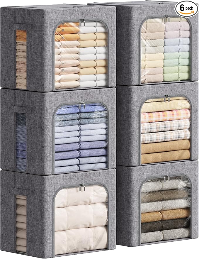 Lifewit Clothes Storage Bins with Metal Frame, Stackable Storage Box, Foldable Clothing Storage Bins with Lids, 40L Storage Bags Fabric Box Organizer with Clear Window＆ Zippers＆ Sturdy Handles 6 Pack