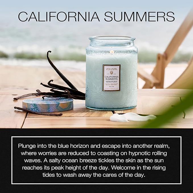 Voluspa California Summers Candle Jar, 18 oz, Coconut Wax Blend, Large Scented Candles for Home, 100 Hour Burn Time, Poured in The USA