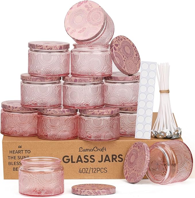 LumaCraft Luxury Embossed Glass Candle Jars for Making Candles - 12 Pack Empty Candle Containers with Airtight Metal Lids, 20 Wicks & 20 Stickers, Colored Glass Jars for Gifts & Decor-4OZ