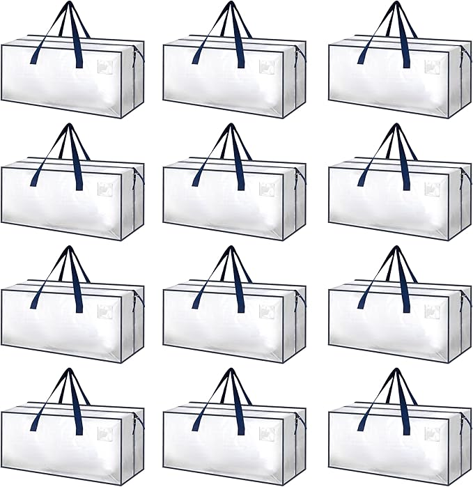 HealSmart 12 Pack Extra Large Moving Bags with Zippers & Carrying Handles, Heavy-Duty Storage Tote Moving Boxes for Dorm Room Essentials Storage Bags, Clear