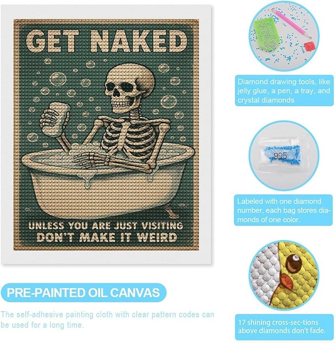 KIVJMSIDJA Skull —Get Naked Unless You are Just Visiting Diamond Painting Kits for Adults,Diamond Art Kits for Beginners 5D Round Diamond 16"x20"