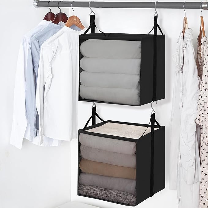STORAGE MANIAC 2-Shelf Hanging Closet Organizer, Cloth Hanging Closet Shelf, Hanging Closets Baskets with Hooks for Dorm, Apt, Bedroom, College, Garment Rack, Wardrobe, Fabric with Mesh, Black