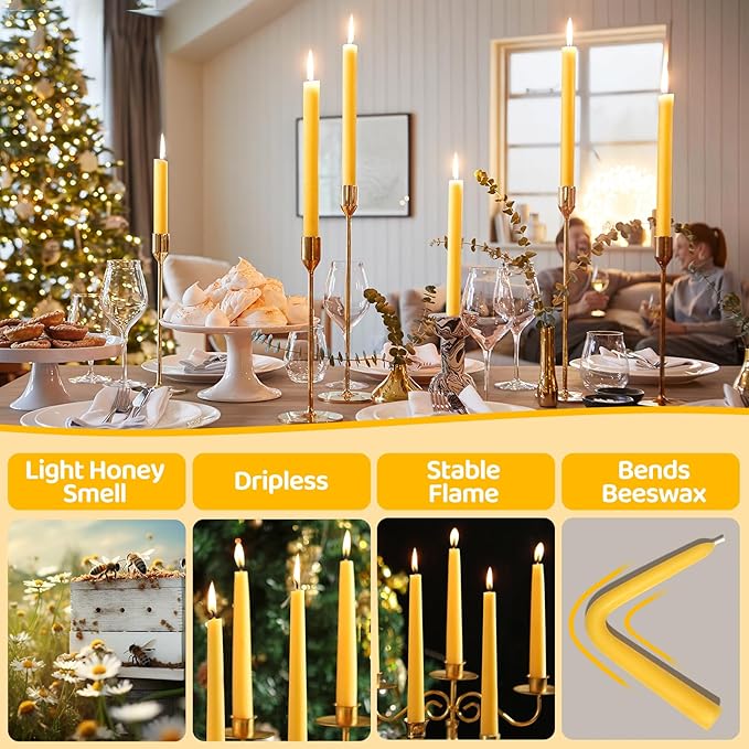 30 Pack Beeswax Taper Candles, 8 in Dripless Pure White Beeswax Candle Sticks,8 Hours Long Burning Natural Bees Wax Candle for Home,Unscented Smokeless Tapered Candlesticks for Dinner