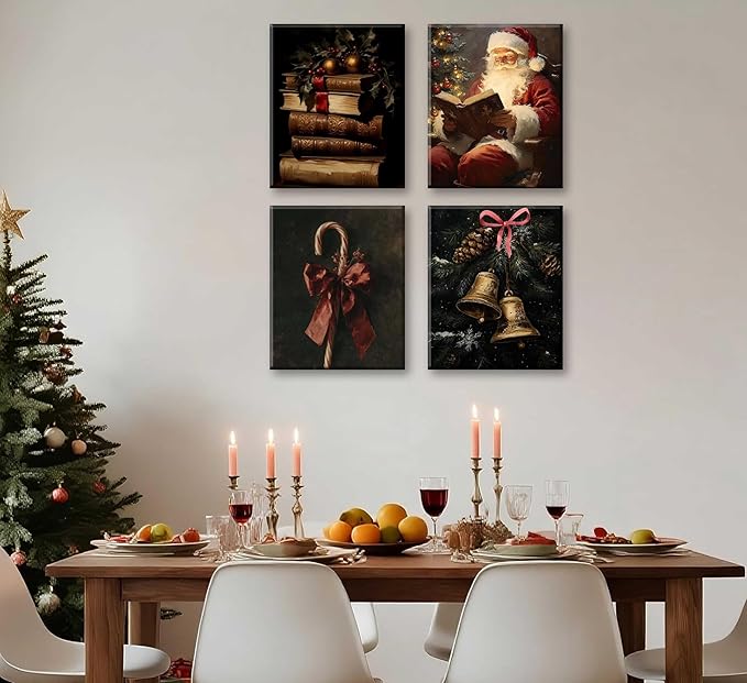 Paint by Number Kit for Adults & Kids, 4 Pack Vintage Christmas Scenes (Candy Cane, Santa Reading, Book Stack, Golden Bells) 12x16InchUnframed, DIY Acrylic Painting Kit with Brushes & Paints