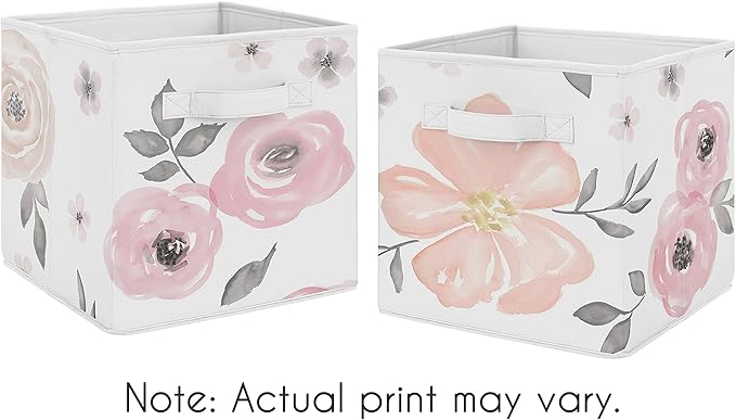 Sweet Jojo Designs Set of 2 Collapsible Fabric Storage Cubes (Pink/Grey Boho Floral) for Girls, Baby, Kids, Childrens Foldable Bins Organizer Boxes Toys (Watercolor, Flower, Elegant Rose, Farmhouse)