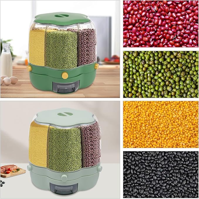 6 Grid Grain Storage Container 17.63Lbs Food Dispenser 360° Rotating Dry Grain and Rice Cereal Dispenser with Lid Rices Dispenser Rotating for Store Rice, Red Beans, Yellow Beans