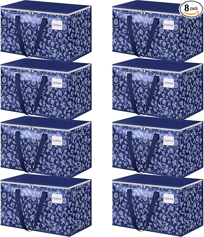 HomeHacks Moving Bags, Extra Large Size Moving Boxes, Heavy Duty Luggage Bags with Smooth Zipper and Sturdy Handles, Large Capacity & Easy Loading Storage Totes for Space Saver 100L, 8-Pack, Blue