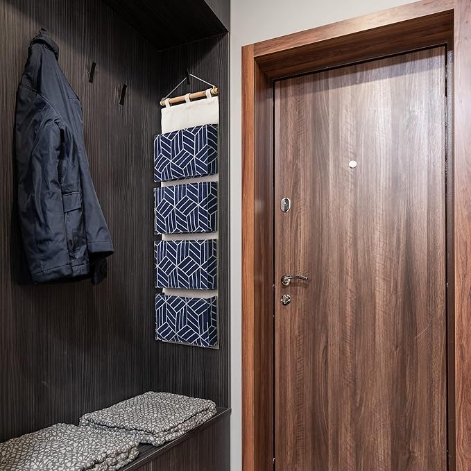CROWNED 2Pcs Over Door Hanging Storage Bags Wall Mount Closet Organizer, 4 Big Pockets Linen Cotton Fabric Multi Functional Living Room Bedroom Bathroom File Magazine Waterproof Free Hooks Navy